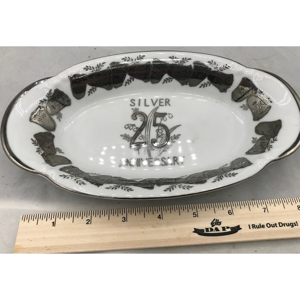 Vintage Porcelain 25 Anniversary Dish Silver Hand Painted marked
